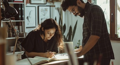 man and woman working